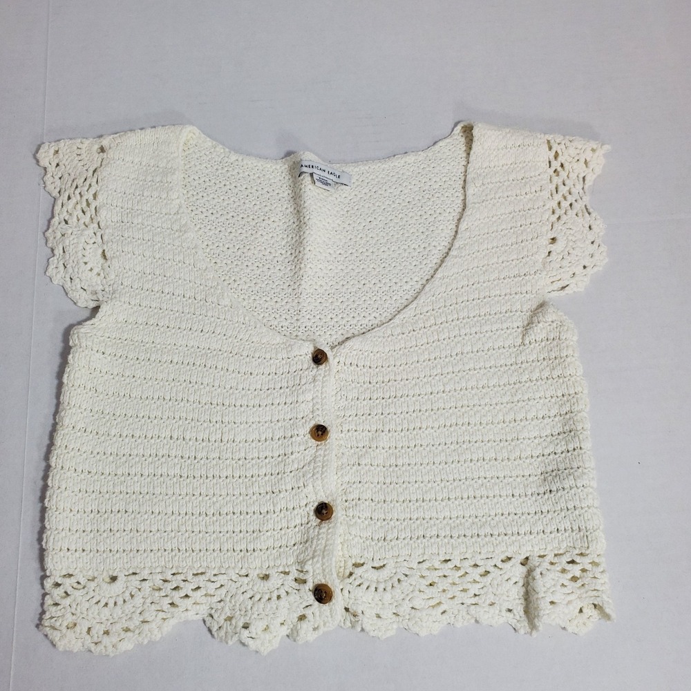 American Eagle Womens White Crochet Knit Top Size S –‎ Button Front – Boho Style